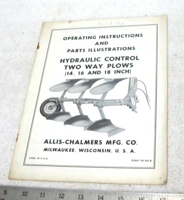 VINTAGE ALLIS CHALMERS TRACTOR TWO WAY PLOWS PARTS OPERATORS MANUAL