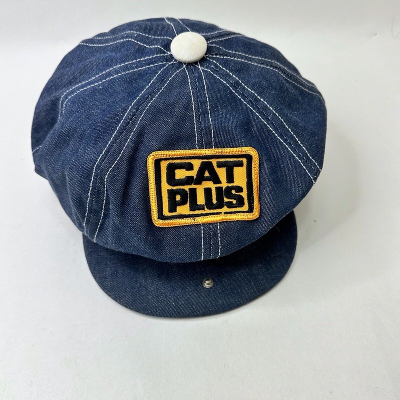 Vintage CAT Plus Caterpillar Diesel Cap Hat Denim USA Newsboy Farm Railroad Rare