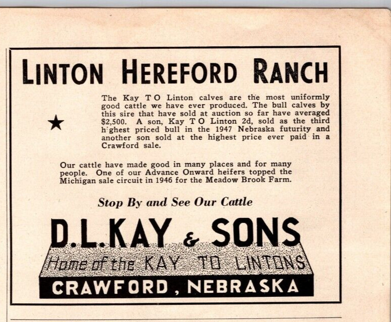 1948 Print Ad Linton Hereford Ranch D.L.Kay & Sons Crawford NE Stop See Cattle