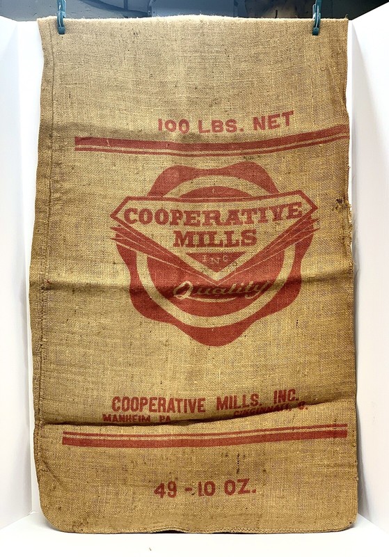 Vintage Cooperative Mills Seed Feed Burlap Bag 100 lbs Farm Sack Cincinnati Ohio