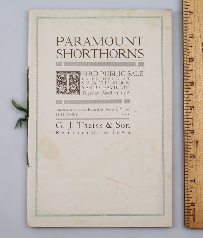 Vintage 1918 Paramount Shorthorns Livestock Sale Catalog Rembrandt Iowa