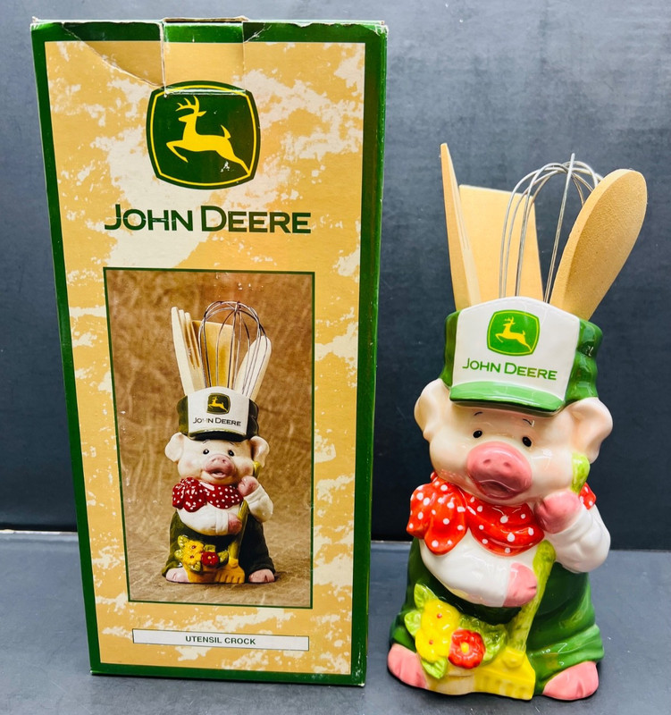 rare John Deere mr pig farmer utensil crock with box collectible