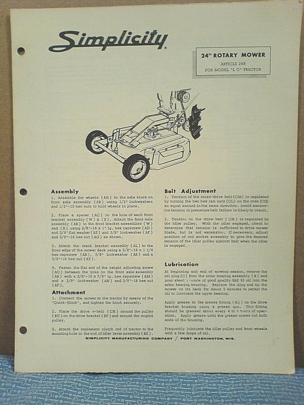 SIMPLICITY MODEL L WALKING TRACTOR 24″ MOWER OPERATOR, ASSEMBLY, & PARTS MANUAL