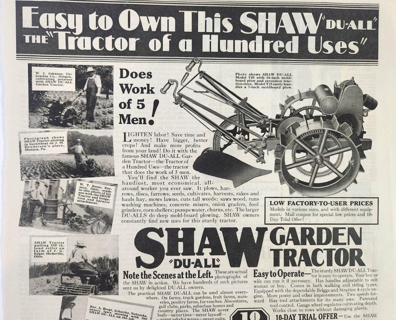 Shaw Du All T45 Garden Tractor Vintage 1930 Ad Magazine Print