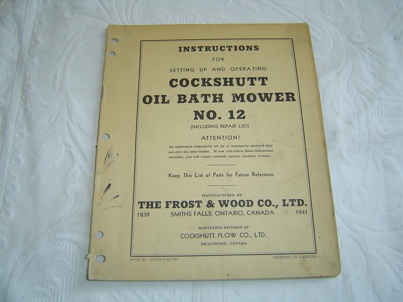 Cockshutt Oil Bath Mower No 12 set up & operator’s manual
