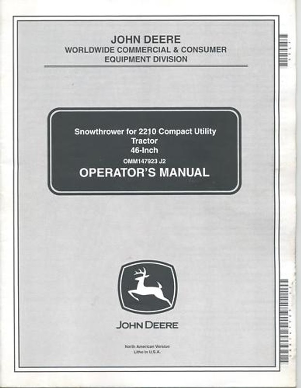 John Deere 46″ Snowthrower for 2210 Operators Manual