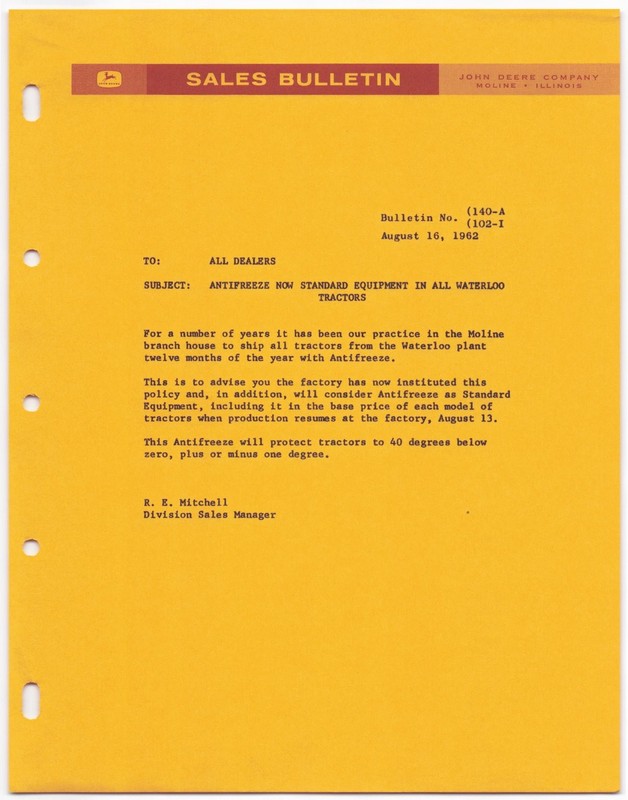 VTG 1962 John Deere Sales Bulletin Dealership Memo – WATERLOO TRACTOR ANTIFREEZE