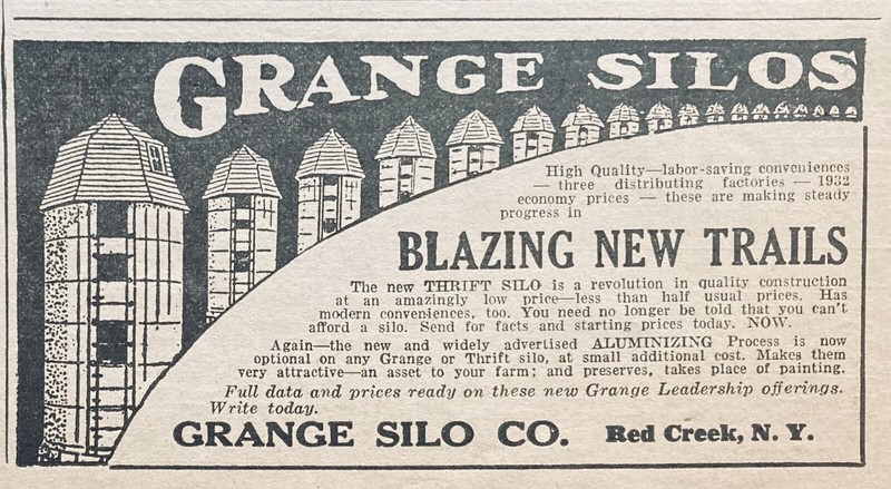 1932 AD.(XH39)~GRANGE SILO CO. RED CREEK, NY. GRANGE THRIFT SILOS