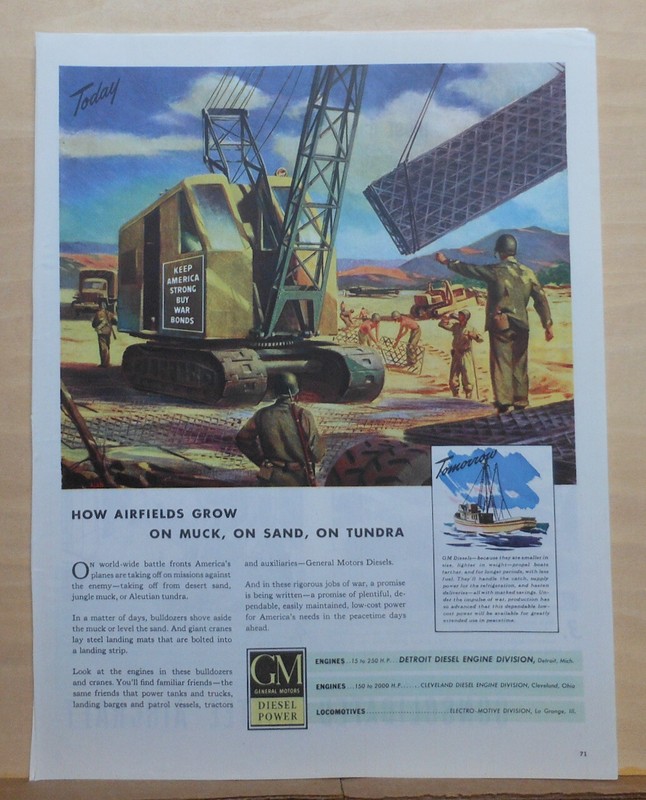 1944 magazine ad for GM Diesel Power – Bulldozer builds airfield, World War Two