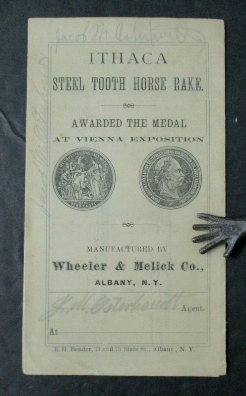 1875 ITHACA STEEL TOOTH HORSE RAKE Advertising, Wheeler & Melick Co. Albany, NY