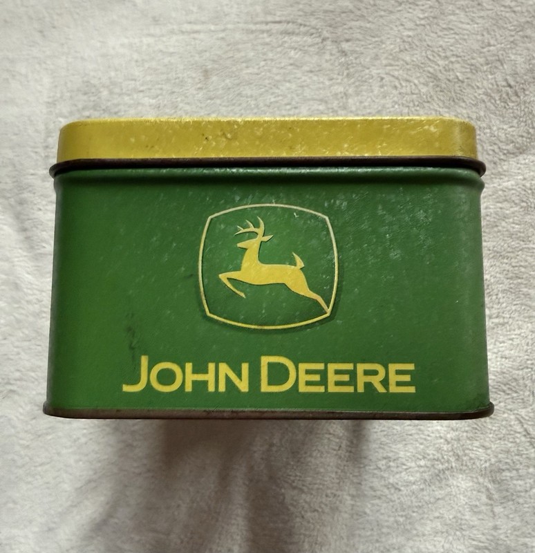 JOHN DEERE TRACTOR TIN R L CROUSE HINGED LID CHILDREN BUILDING SNOWMAN FARM. gallery