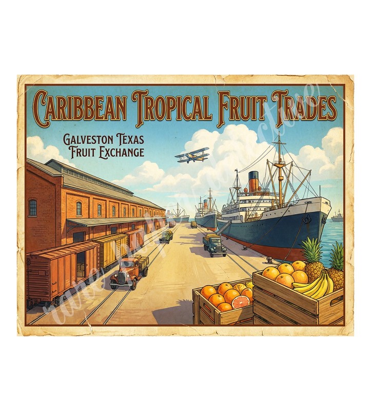 Caribbean Tropical Fruit Trades 1950s Retro Style Fruit Crate Label 10.5″ x 8″