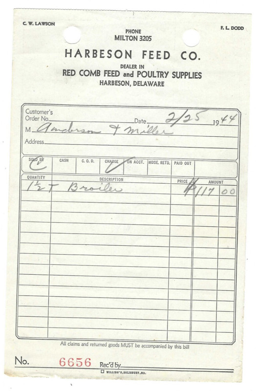 1944 Invoice Harbeson Feed Red Comb Feed Poultry Supplies Delaware Agriculture
