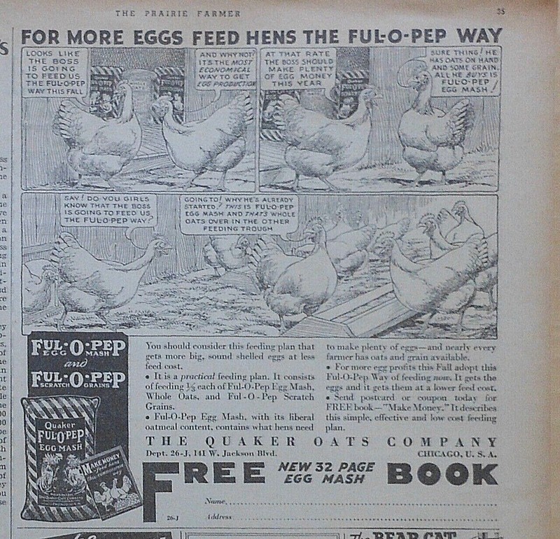 1937 newspaper ad for Ful-O-Pep Chicken feed - Happy cartoon hens discuss, enjoy