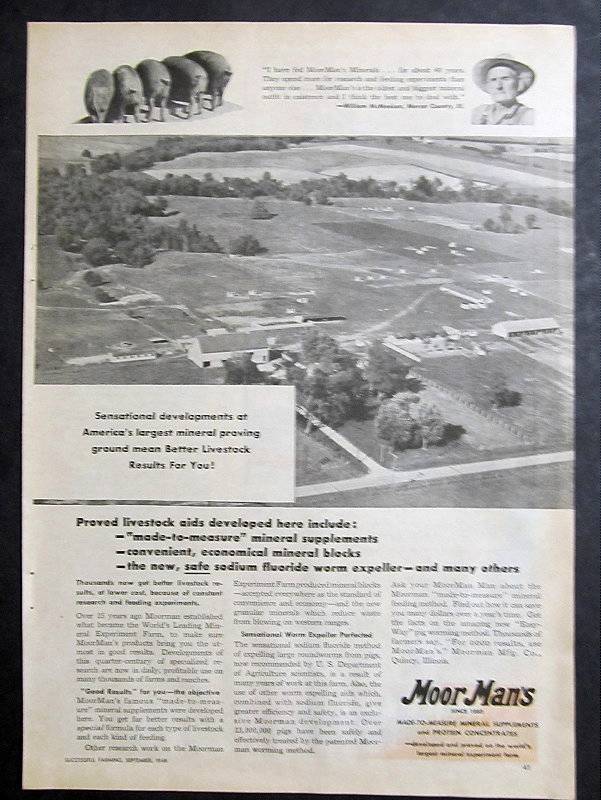1956 MoorMans Feed Photo Ad Endorsed William McMeekan of Mercer County Illinois