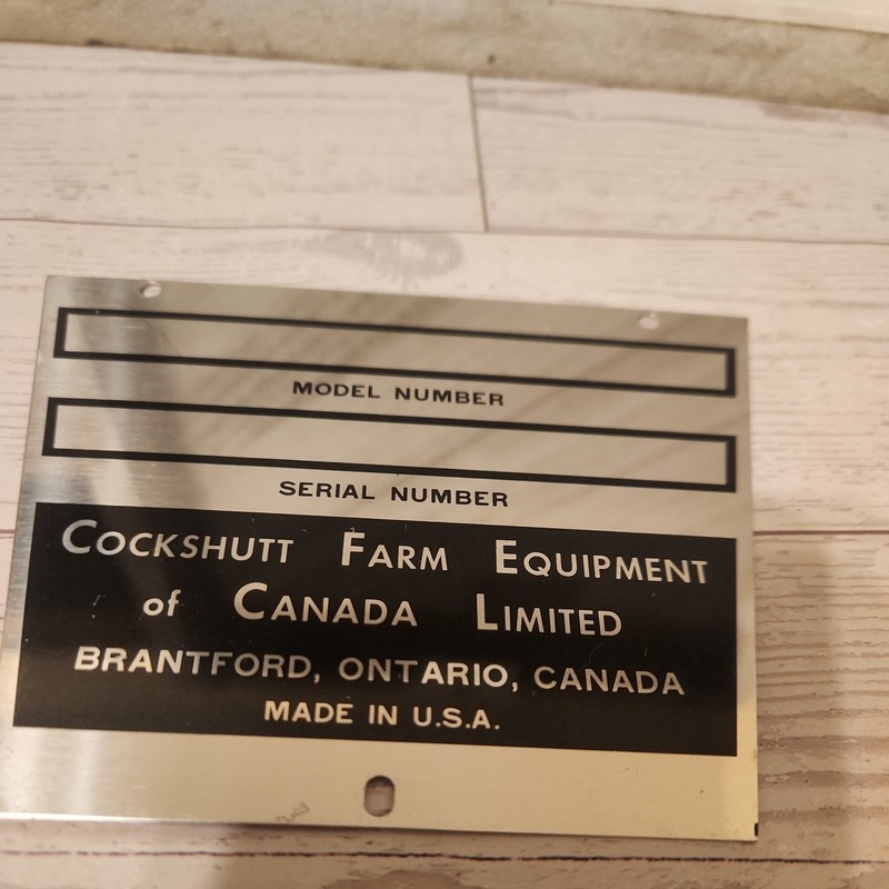 Cockshutt Farm Equipment model and serial tag -NOS- Oliver farm equipment B21