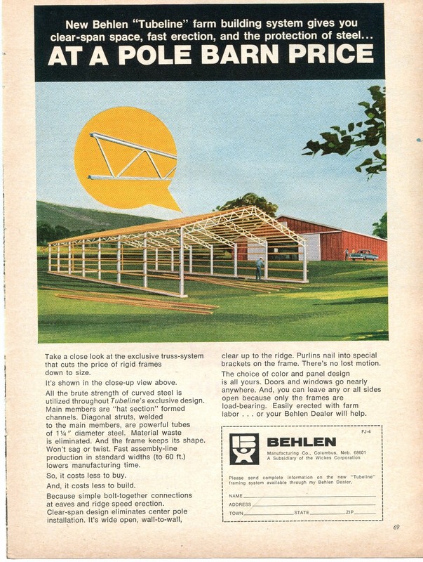 1970 Print Ad of Behlen Tubeline Farm Building at a pole barn price