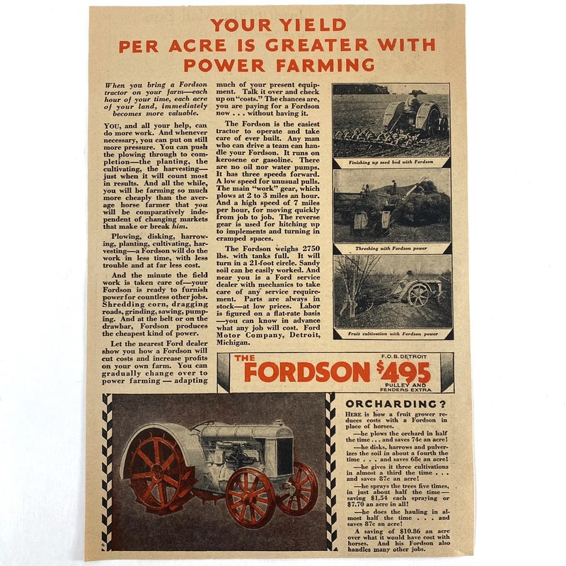 1927 Fordson Tractor Vintage Magazine Print Ad Old 20’s Ford Farming Orcharding