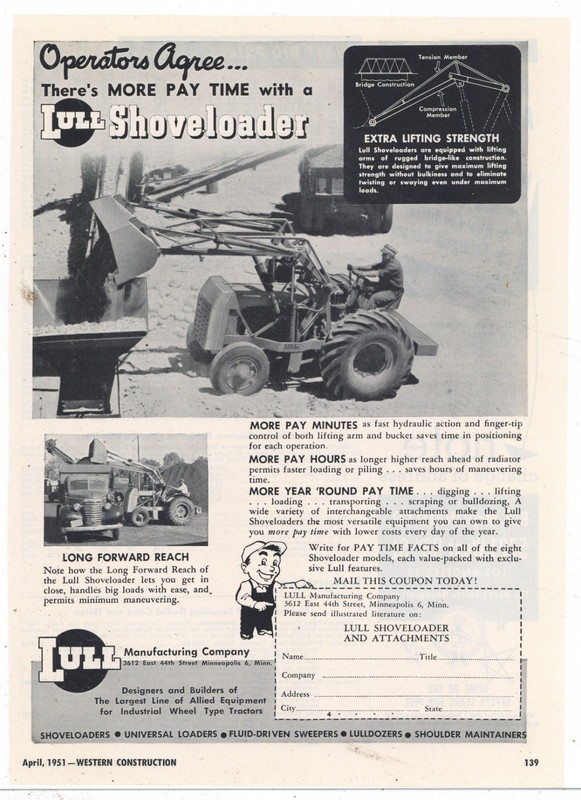 1951 Lull Mfg. Co. of Minneapolis Ad: Long Forward Reach Shoveloader Featured