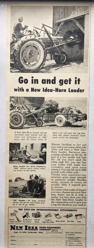 1954 New Idea Horn Loader Tractor Farm Farmer Original Print Ad Coldwater OH MCM