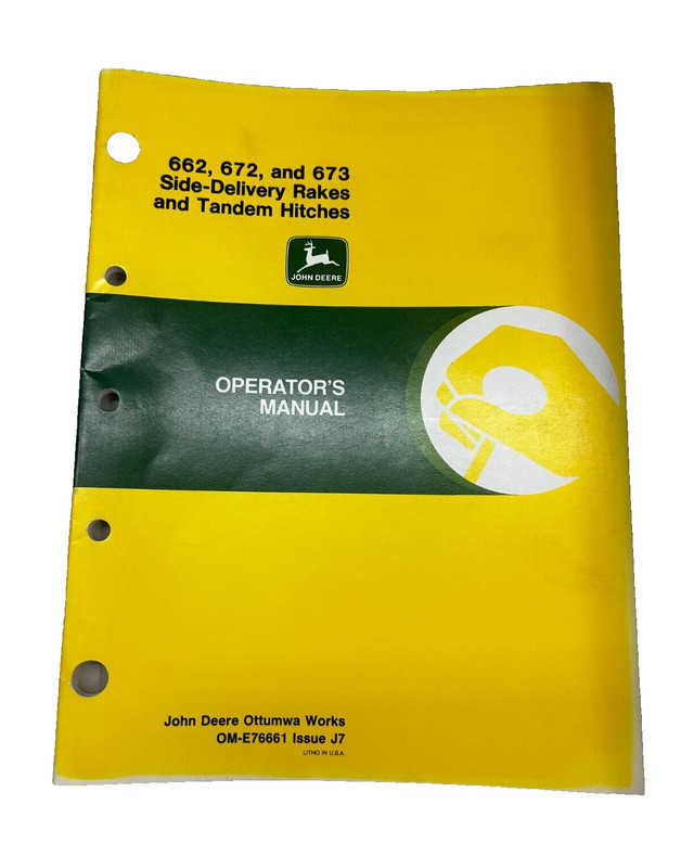 John Deere 662 672 673 Side-Delivery Rakes Hitches Operators Manual OM-E76661 J7