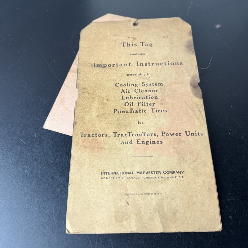 1945 International Harvester Instruction Tag Cooling System Air Cleaner Tractors