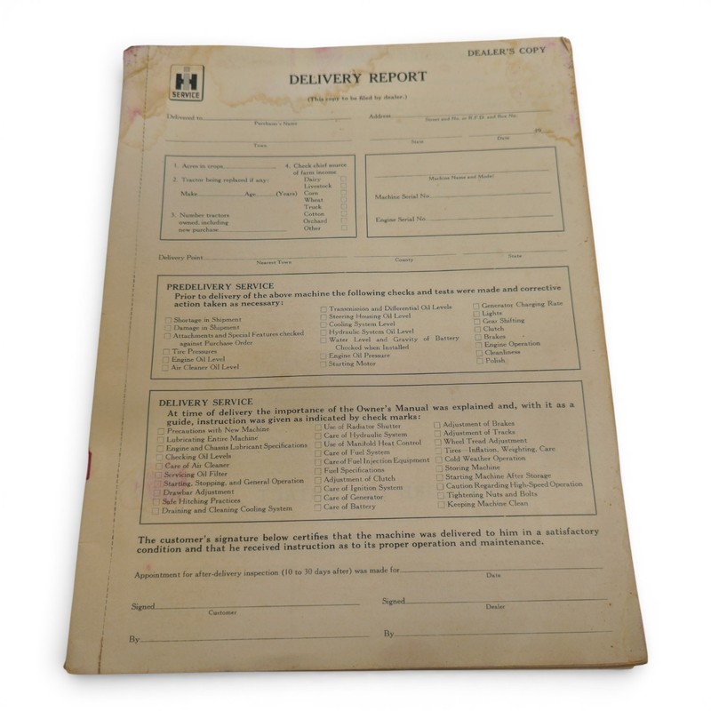 International Harvester Delivery Report Dealer’s Copy Vintage Farm Form