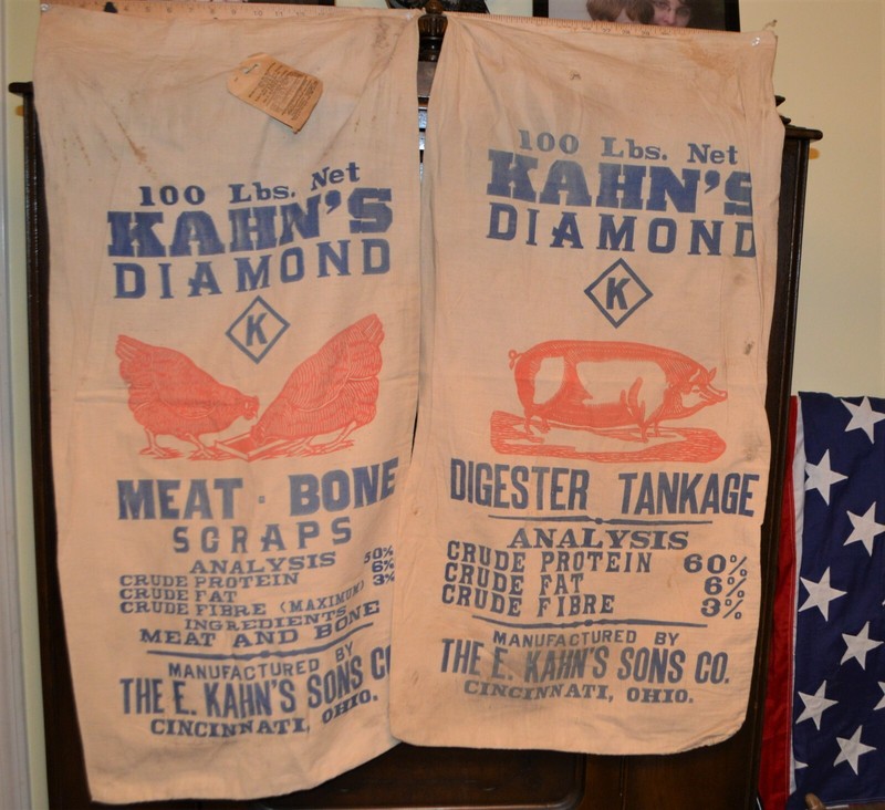 EX-Rare Antique Kahn's Chicken & Hog 100 lbs Feed Sacks 38" x 18" Farm 1920-30's