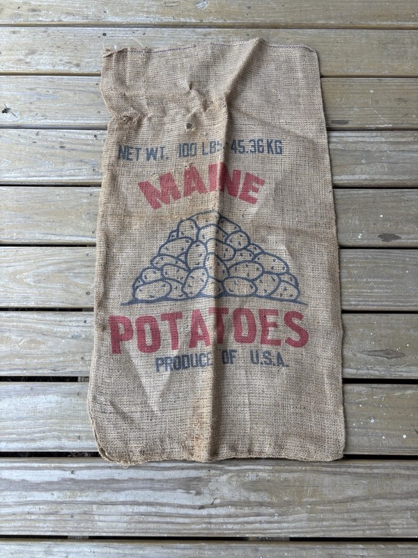 Vtg Maine Brand Burlap Potato Sack 100LB 1950s USA Graphic Cottage Farm Core
