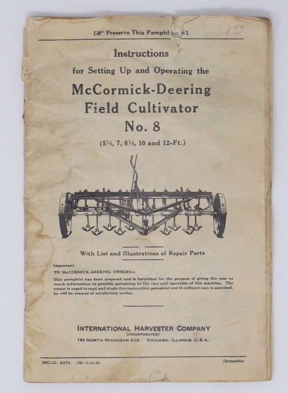 IH McCORMICK DEERING FIELD CULTIVATOR No. 8 OPERATING AND SET-UP MANUAL
