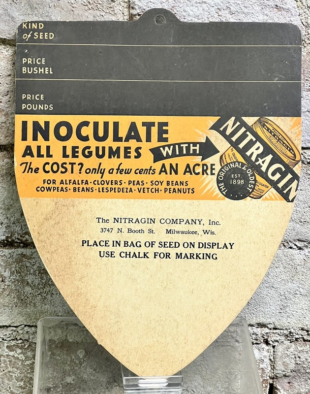 Vintage 10″ Nitragin Inoculate Seed Bag Display Farm Sign Shield Cardboard Ad