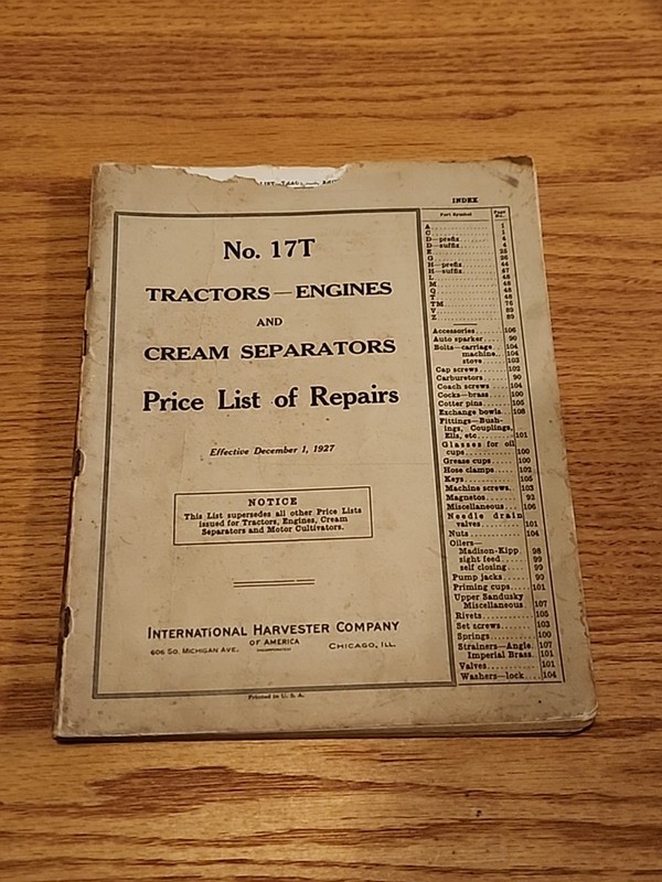 International Harvester No 17T Tractors Engines Price List of Repairs
