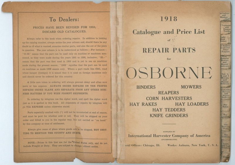 1918 Osborne Farming Trade Catalog Price List Repairs International Harvester US gallery