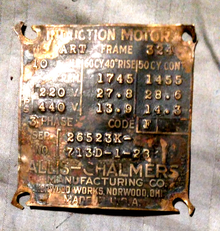 Antique Allis Cha1lmers Brass Induction Motor nameplate/needs cleaning & polish