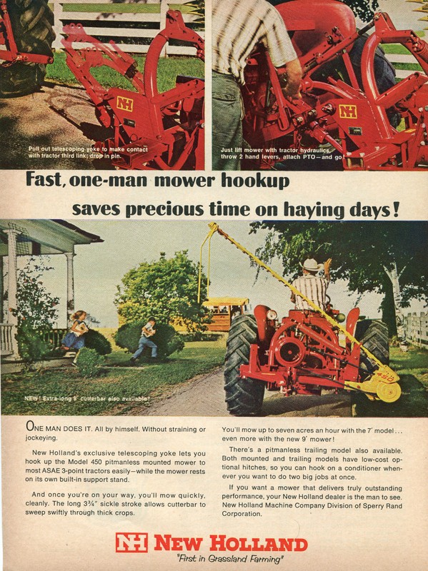 1966 Print Ad of Sperry Rand New Holland 450 Farm Tractor Mower