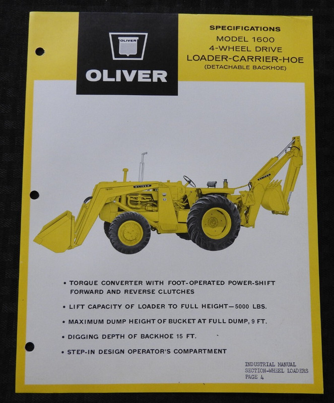 (2) 1964 "OLIVER 1600 TRACTOR LOADER BACKHOE" SPECIFICATIONS BROCHURE VERY NICE gallery