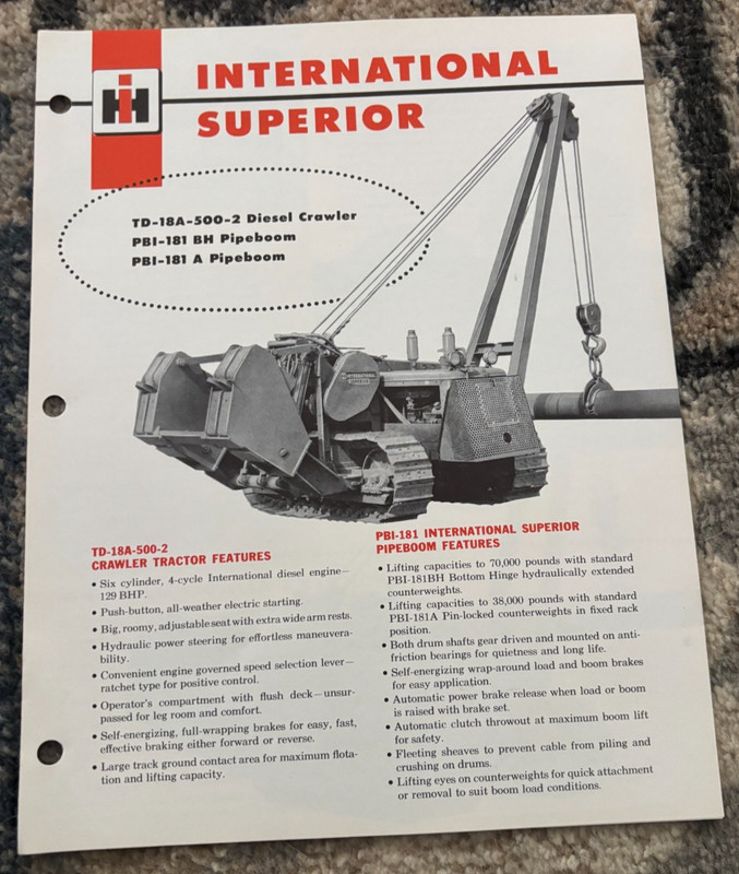 International Harvester Superior PBI-181A PBI-181 BH Pipebooms Brochure DCPA26