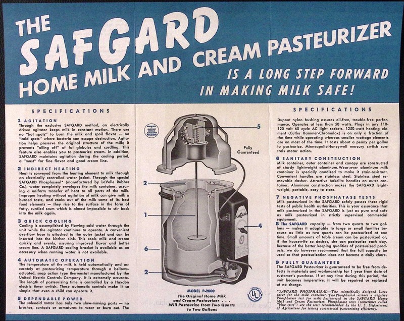 Safguard Home Mils & Cream Pasteurizer Model P-2000 Brochure Globe Milker Co gallery