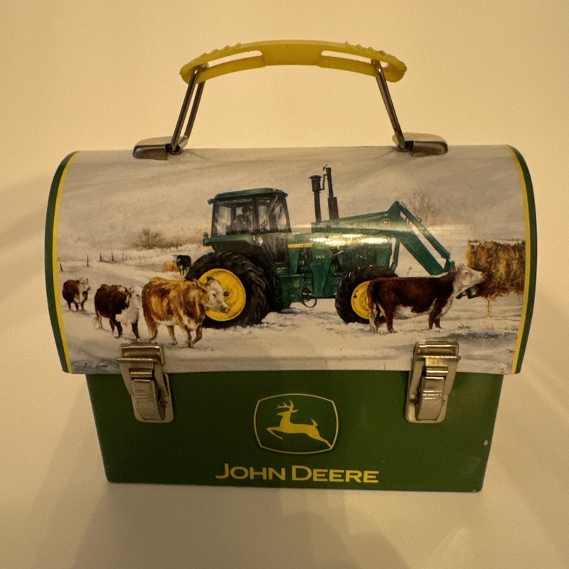 John Deere Small Metal Tin Lunchbox Tractor Farm Cows Green Collectible