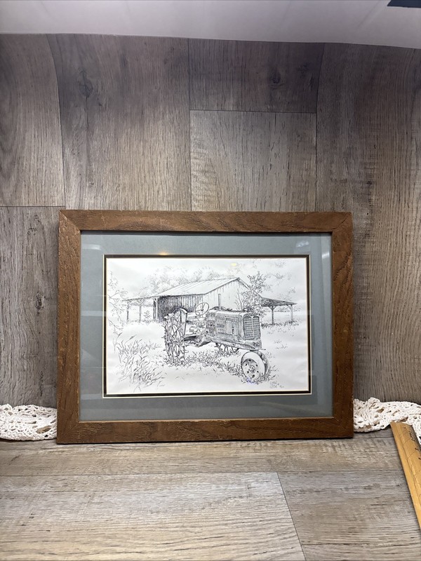 Vintage Oliver 70 Tractor Barn Drawing LizzonFramed Signed 7/150 Marianne Kuhn