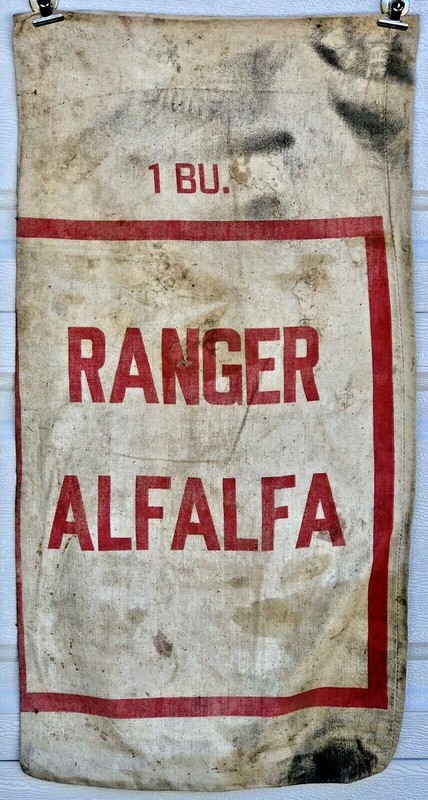 Vintage 1950’s Ranger Alfalfa Red & White Cloth Farm Seed Bag One Bushel Sack
