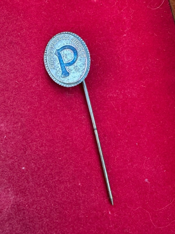 Vintage c1900 SHOOT PETERS SHELLS Stick Pin Shotgun Cartridges Advertising Badge