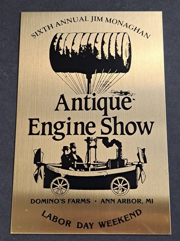 Jim Monaghan Antique Engine Show Brass Plaque Ann Arbor MI Collectible