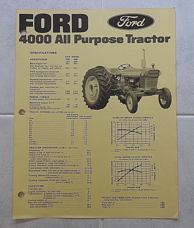 1967 FORD 4000 ALL-PURPOSE TRACTOR “SPECIFICATIONS” SALES BROCHURE NICE SHAPE