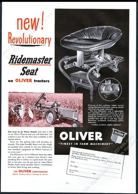 1949 Oliver tractor farm farmer photo seat diagram vintage print ad