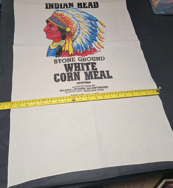 Vtg Rare Indian Head Stone Ground White Corn Meal Sack Bag Fabric 100lbs 36x20in gallery