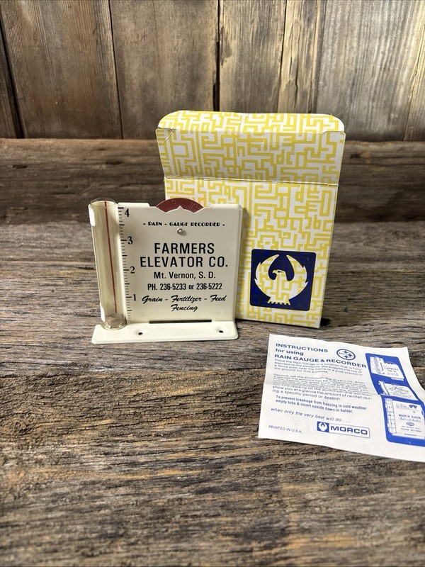 Farmers Elevator Co Mt Vernon South Dakota Metal Rain Guage Advertising NIB