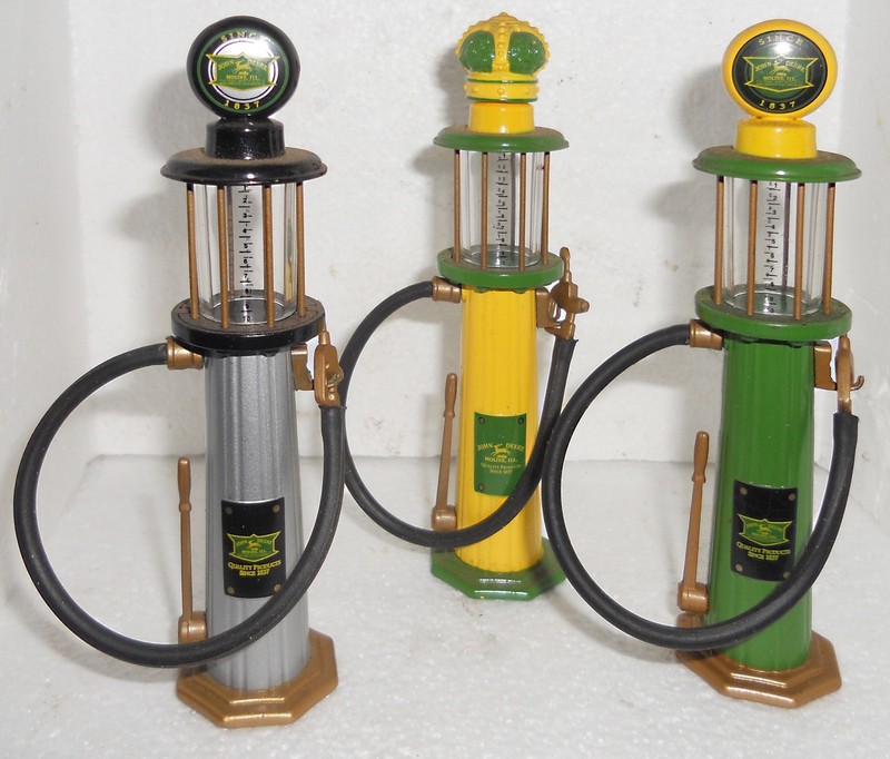3 Different John Deere Miniature Diecast Gas Fuel Pumps 5” Tall Displayed only