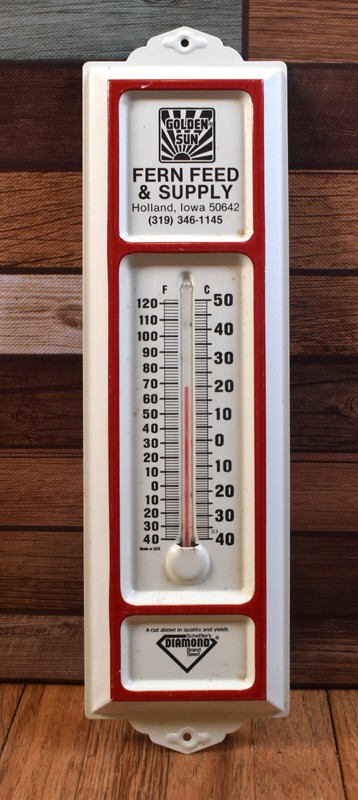 Vintage Golden Sun Fern Feed & Supply Holland IA Farm Advertising Thermometer