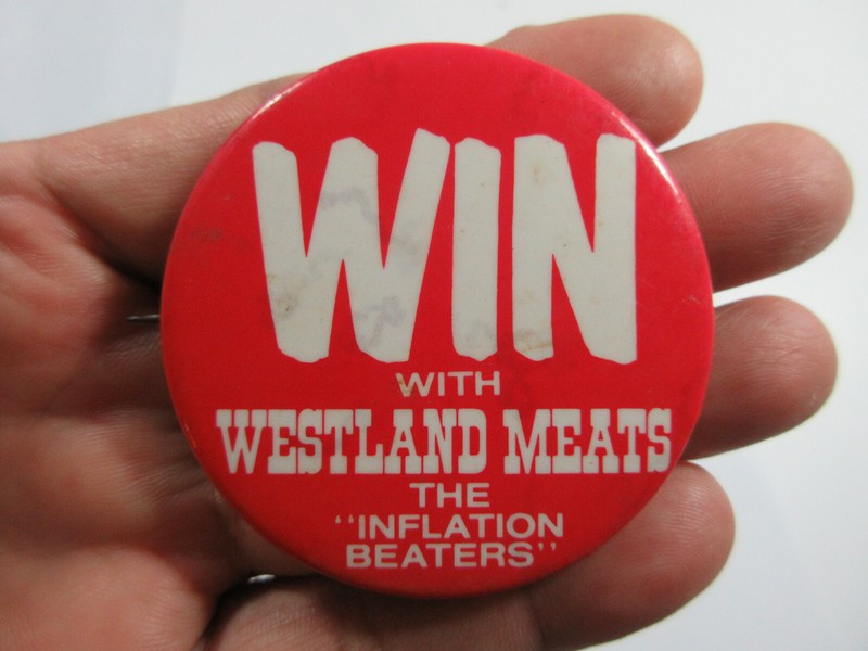 lot 2 vintage Win with Westland Meats promo ad agriculture pin button badge gallery